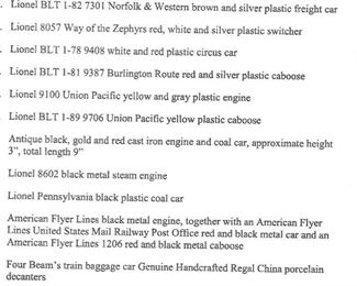 Lionel Trains, List of Train #s,  enlarge photo 