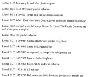 Lionel Trains, List of Train #s,  enlarge photo 