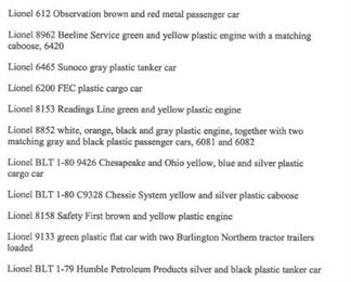 Lionel Trains, List of Train #s,  enlarge photo 