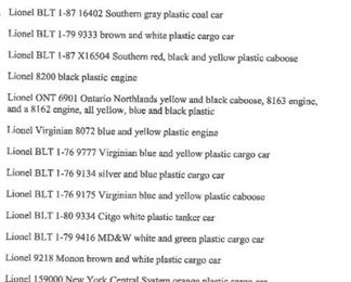 Lionel Trains, List of Train #s,  enlarge photo 