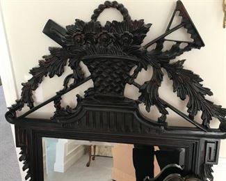 Lovely Italian, black Forest Style crested wooden framed mirror with Bouquet Basket and Garden design.