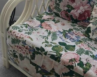 Lane Venture white Bamboo Sunroom furniture with floral cushions and pillows. Includes Loveseat, chair with ottoman and side table