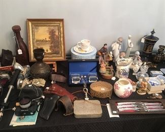 Llardo figures, mason pitcher & vase, art, vases, crumb pan, vintage knife set, blue wedgewood, royal doughton figurines, holsters 