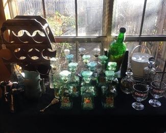 Barware, vintage decanters, barrel wine rack, ice bucket, Chimay goblets
