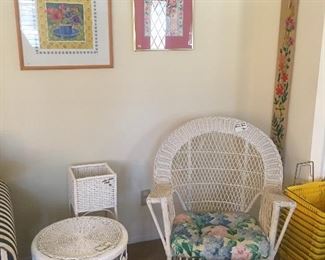 Wicker rocker, side table & plant stand