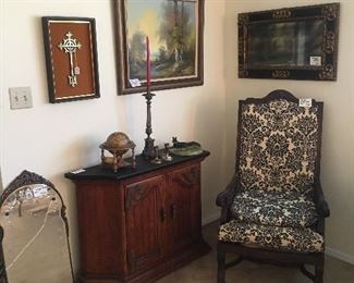 Vintage chair & console, oil painting, antique mirrors, retro metal art, brass candleholders