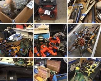 Garage tools, sprinklers, wood boxes, ramps, tools