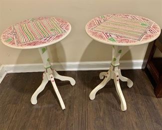 2 hand painted pedestal tables