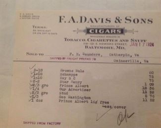 1924 Ephemera Local Receipts Cigars Baltimore, Md