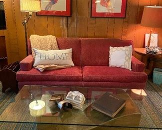 Room view with very cool wood base coffee table. Artwork on wall by Michael Smiroldo