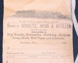 1800's Schultz, Hemp & Mueller Grocery receipt  