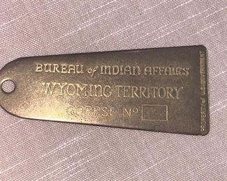 Bureau of Indian Affairs Wyoming Territory  Corpse  brass toe tag - tag number is blank meaning tag was never used