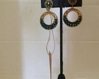 Blue & emerald rhinestone costume earrings