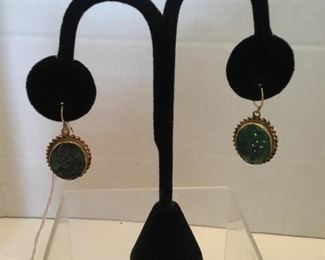 Earrings green carved jade on 14kt gold