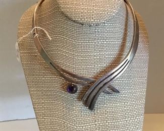 Sterling silver modern cool necklace with amethyst cabochon