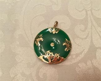 Jade round forest green medallion with 14kt gold ornaments & bail - 2” D