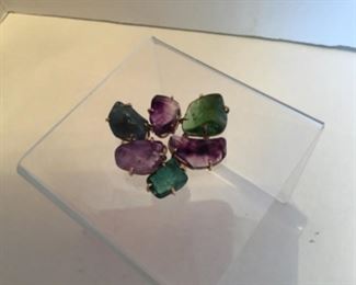 Brooch or pendant of amethyst & three green beryl on 14kt gold