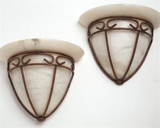 (2) Alabaster Bronze Painted Metal Frame Wall Sconces