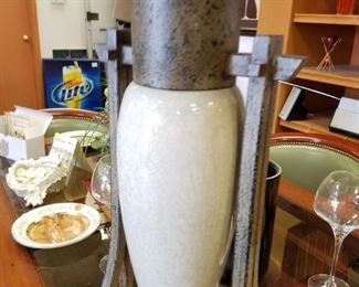 Ornate Ceramic & Bronze Painted Metal Table Lamp with shade  (shade has issues)