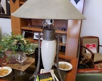 Ornate Ceramic & Bronze Painted Metal Table Lamp with shade  (shade has issues)