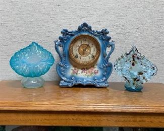 TABLE/MANTLE CLOCK CIRCA 1880-1900 ROYAL BONN, BLUE PORCELAIN CHINA