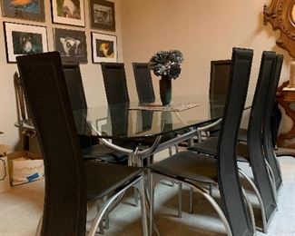 MODERN DANISH GLASS AND BRUSHED STEEL TABLE WITH 8 HIGH BACK CHAIRS