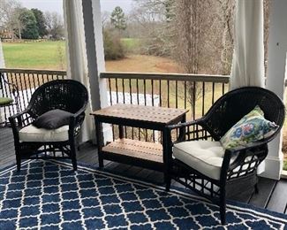 Black rattan and wicker chairs (4 that match), wood table