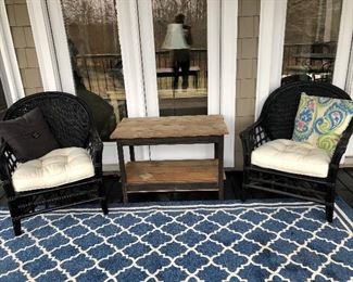 Blue Safavich porch rug 8 x 10, rattan and wicker chairs