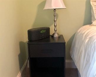 Side table, lamp and Zenith clock radio and cassette player