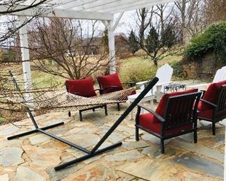 Metal framed hammock, patio chairs