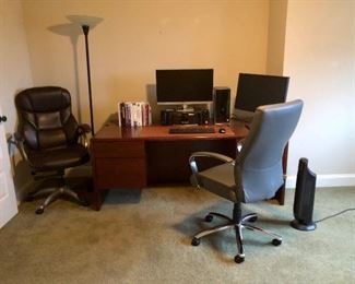 Office desk and two office chairs,and floor lamp. Computer not for sale