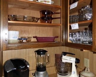 Keurig, Vintage Sunbeam Mixer, Vintage Corning Ware, "Visions" Sauce Pans, etc.