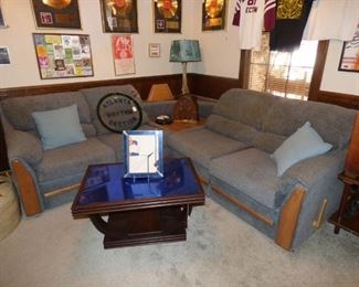 Art Deco coffee table with blue glass top