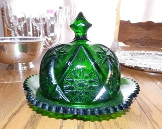 Vintage Emerald Green pressed glass dome butter dish