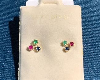 14k ruby, sapphire and emerald earrings 