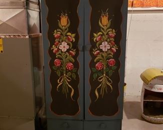 Hand painted tile folk art tall storage cabinet