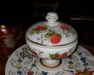 Strawberry painted covered dish milk glass