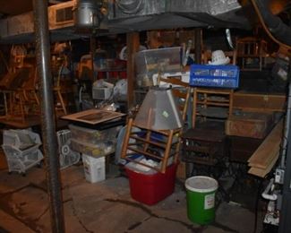 The Basement is Full of Everything you can imagine from  antique and vintage Glassware, Silver, Pottery, Primitives Tools, Records, Silverware, Pie Safe, Antique Tool Chests and Wooden Trunks, Primitive Tools, Antique Looms and So Much, Much More!