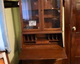 antique Walnut Drop Front Secretary - with 3 Serpentine Drawers - Beautiful Condition