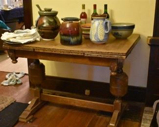 antique Draw Leaf Pub Table with Melon Legs and Matching Chairs also notice the Wonderful Bean and Soup Pots, etc. atop the Table