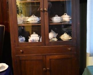 antique Walnut Glass Front Long Double Doors with 3 Shelves, mid-Drawer, and 2 lower Cupboard Doors