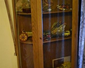 antique Curved Glass Golden Oak China Cabinet filled with Antique Toys and More!