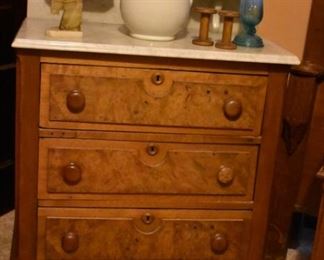 Gorgeous Antique Walnut Bedroom Suite featuring Beautifully Carved Headboard and Footboard with Original Rails, Suite comes with Marble Topped Dry Sink, and Marble Topped Drywell Dresser.