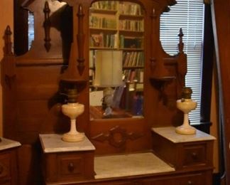 Gorgeous Antique Walnut Bedroom Suite featuring Beautifully Carved Headboard and Footboard with Original Rails, Suite comes with Marble Topped Dry Sink, and Marble Topped Drywell Dresser.