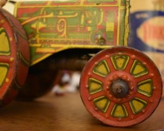 A very rare 1920's Louis Marx & Co. antique tin litho wind-up art deco toy tractor, even the wind-up spring is in great condition with no rust.
