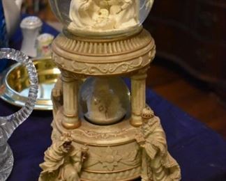 Antique Musical Snow Globe Manger Scene with Greek Columns and second Snow Globe within the Columns and Figurines at its Base
