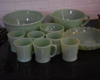 Jadite Mixing Bowls and Pitcher, Cups, Cereal Bowls, and Pie Dish
