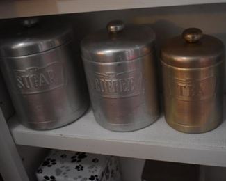 Vintage Metal Canister Set marked Sugar, Coffee, Tea