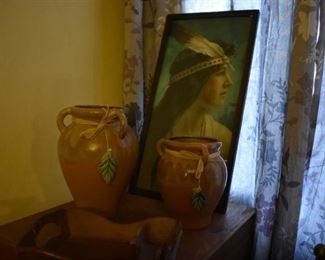 Antique Print of American Indian Girl seems well suited behind the 2 Pottery Vases with Rope and Feather Design.