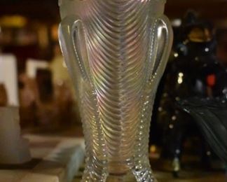 Beautiful Antique White Daisy  and Drape Footed Carnival Glass Vase